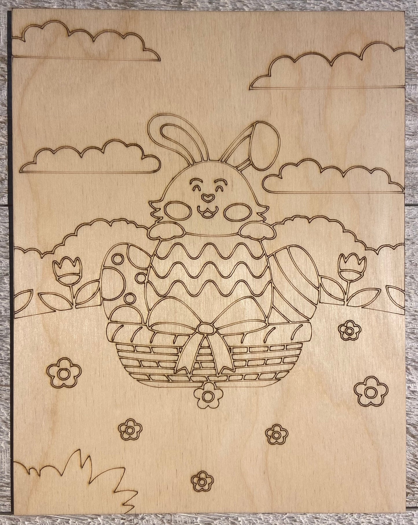 Wood Coloring Board - 1/8" Plywood - 7x9 Easter Bunny in Basket