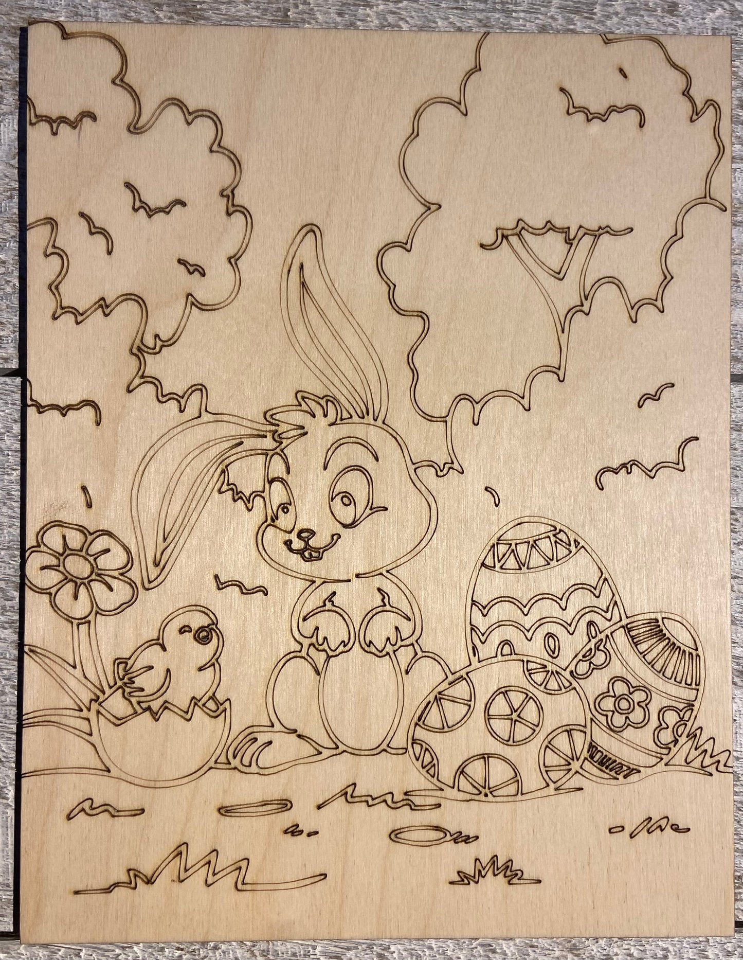 Wood Coloring Board - 1/8" Plywood - 7x9 Easter Bunny with Chick