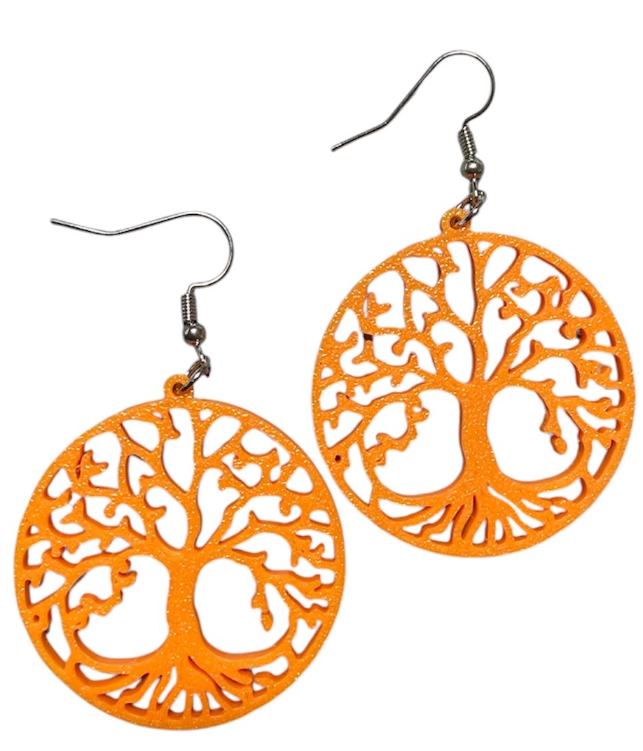 3D Printed Earrings - 1.5" x 2.25" Tree of Life - ORANGE