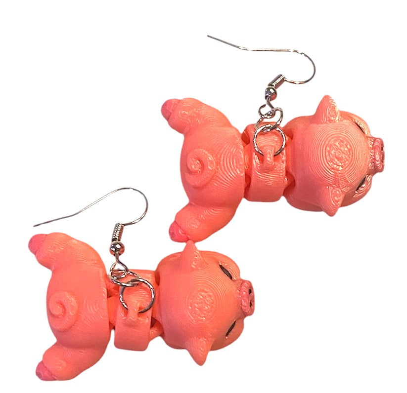3D Printed Earrings - 0.75" x 1.5" - Sleeping Pig - PINK