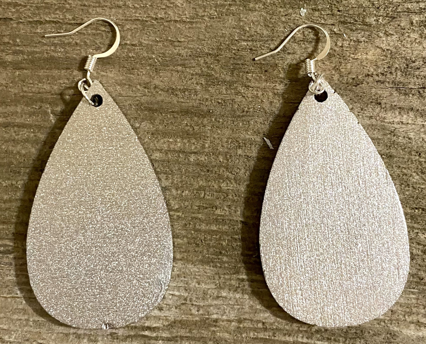 Teardrop Wood Earrings, Metallic Silver