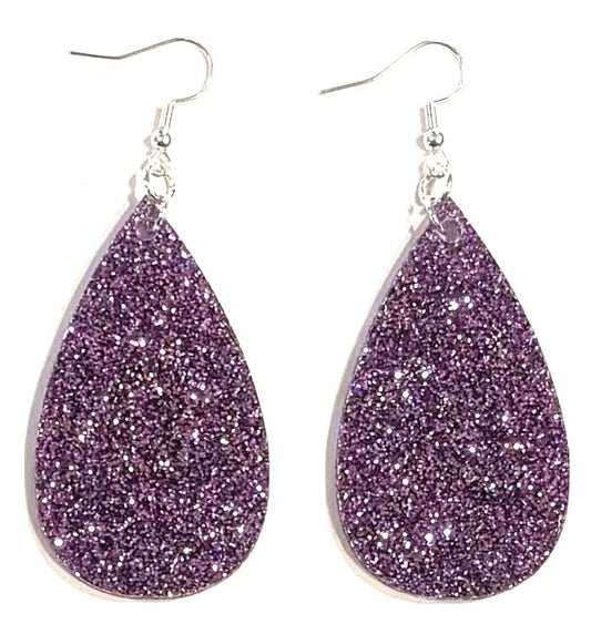 Teardrop Earrings, Acrylic Lavender Glitter Glitter