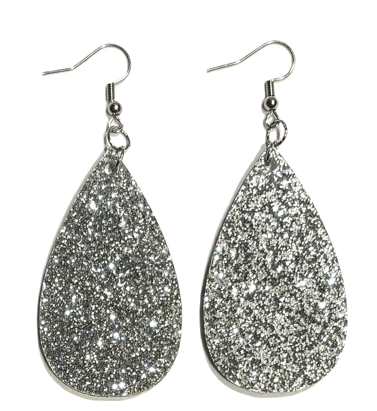 Teardrop Earrings, Acrylic Silver Glitter