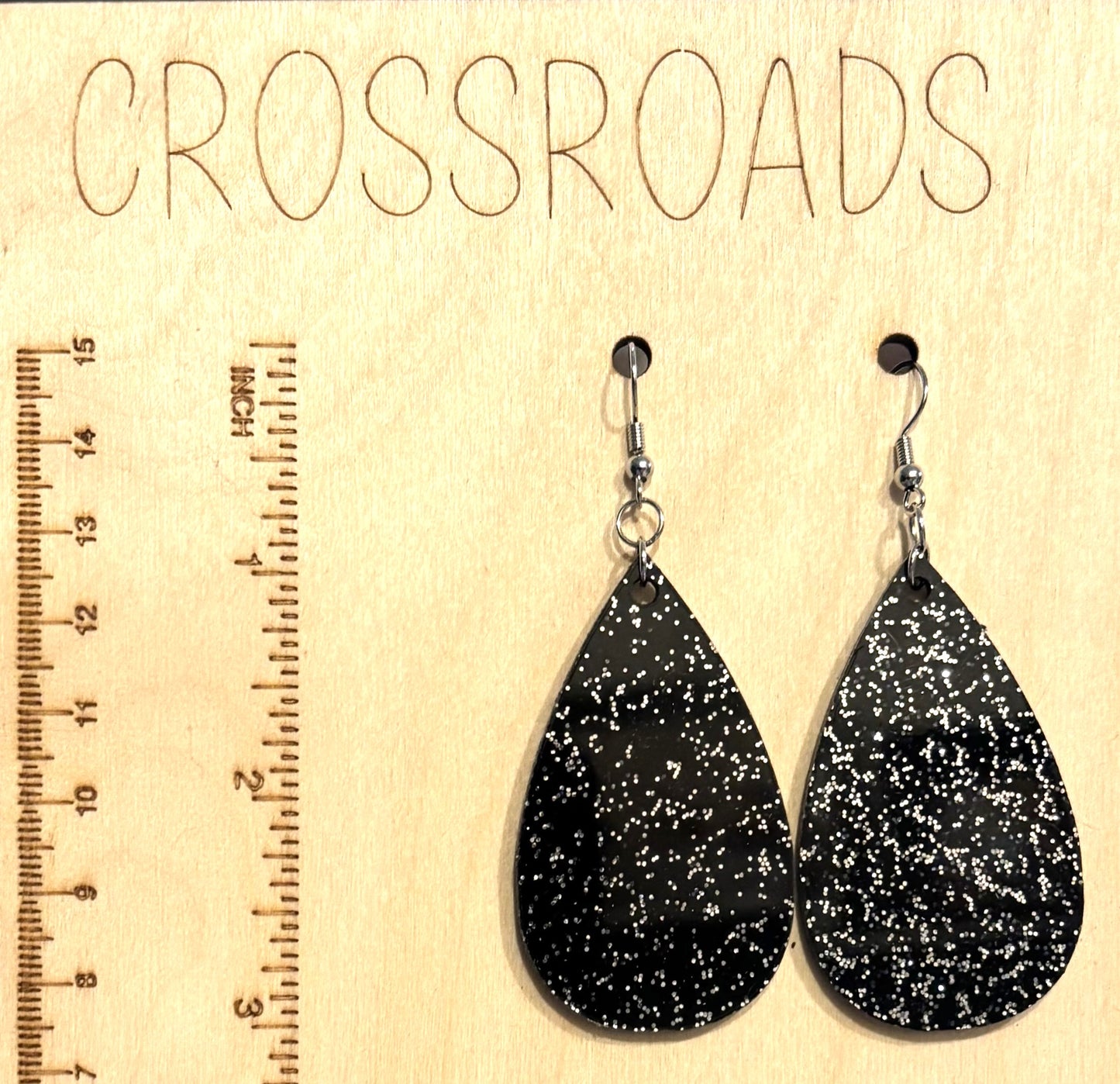 Teardrop Earrings - Acrylic - Black Glitter