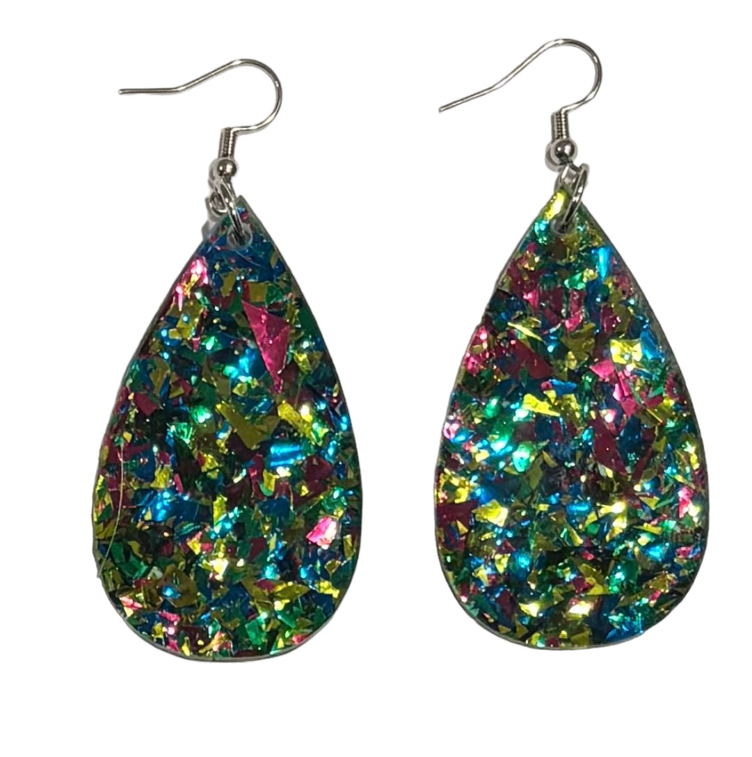 Teardrop Earrings, Acrylic Peacock Confetti