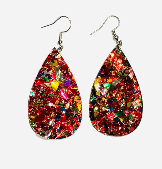 Teardrop Earrings, Acrylic Red Confetti