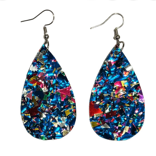 Teardrop Earrings, Acrylic Blue Confetti