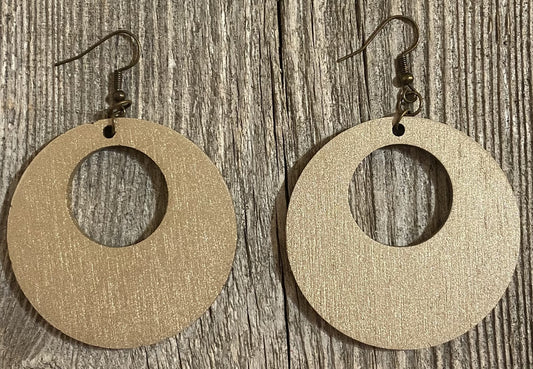 Offset Circle Wood Earrings, Metallic Gold