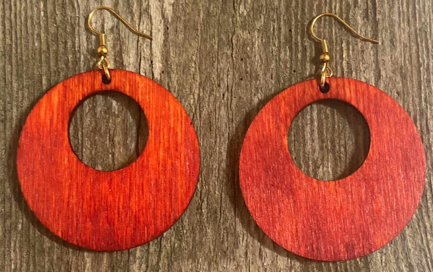 Offset Circle Wood Earrings, Red Dye