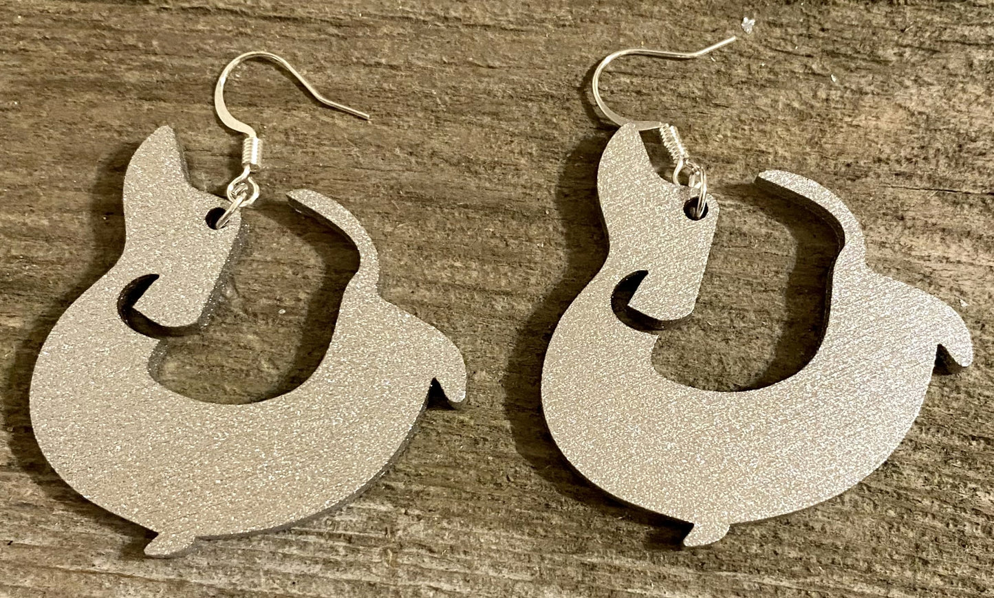 Dachshund Wood Earrings, Metallic Silver