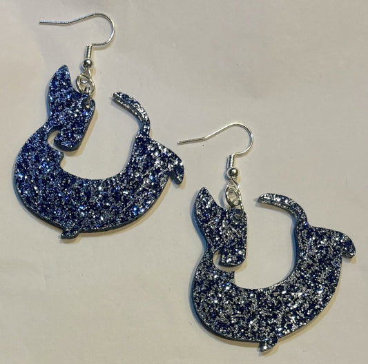 Dachshund Earrings, Acrylic Blue Glitter