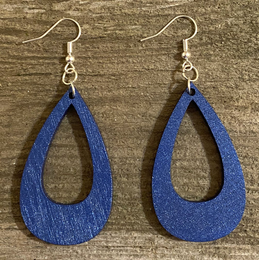 Offset Teardrop Wood Earrings, Blue Metallic