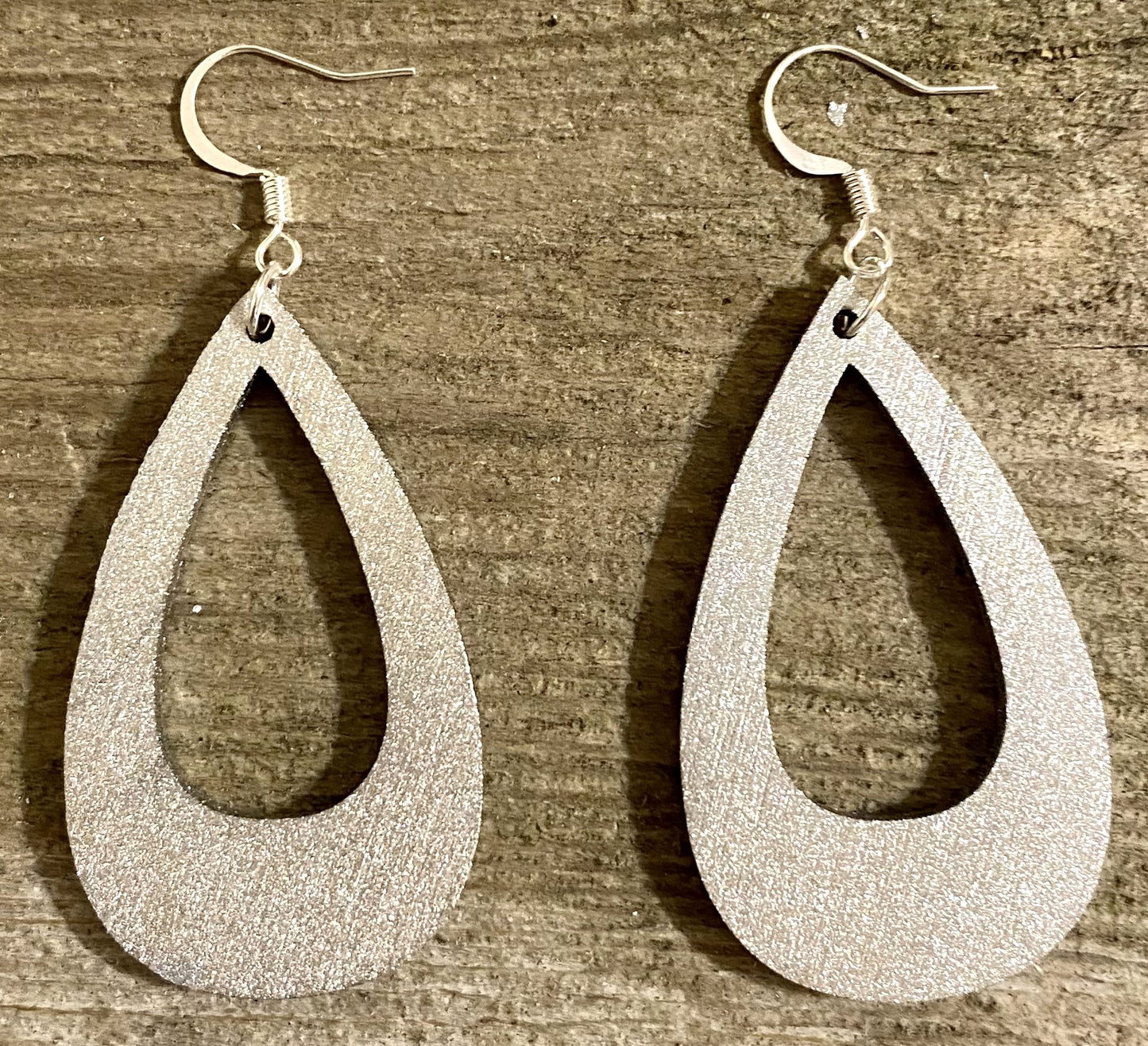 Offset Teardrop Wood Earrings, Metallic Silver