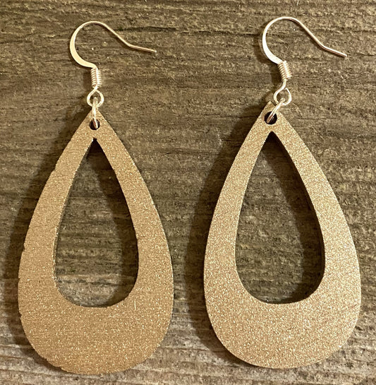 Offset Teardrop Wood Earrings, Metallic Gold