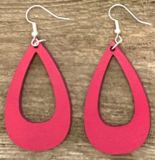 Offset Teardrop Wood Earrings, Magenta