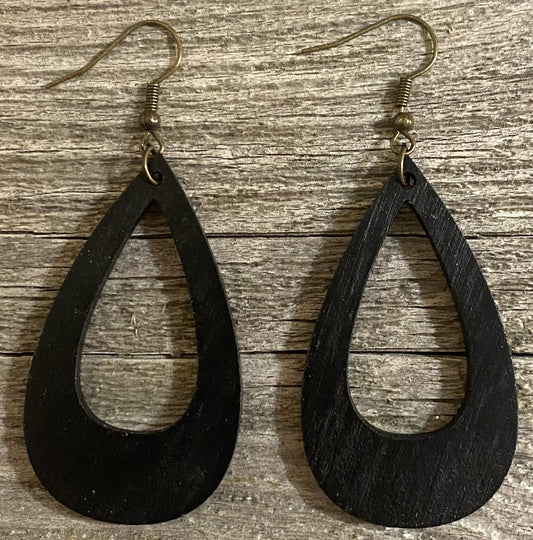 Offset Teardrop Wood Earrings, Black