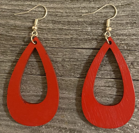 Offset Teardrop Wood Earrings, Red