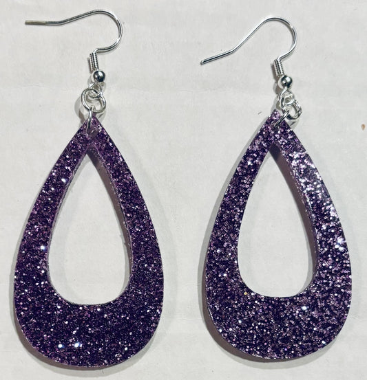 Offset Teardrop Acrylic Earrings, Violet Glitter