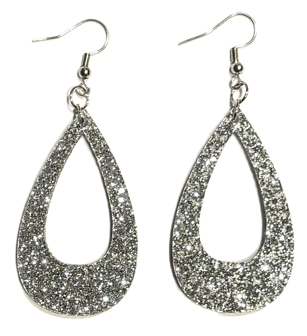 Offset Teardrop Acrylic Earrings, Silver Glitter