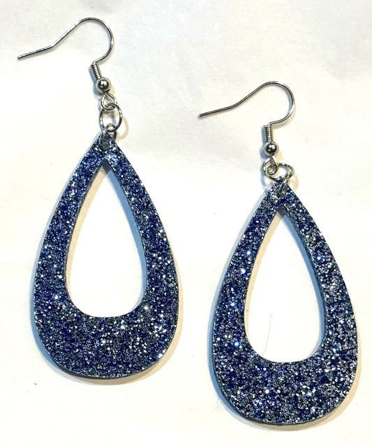 Offset Teardrop Acrylic Earrings, Blue Glitter