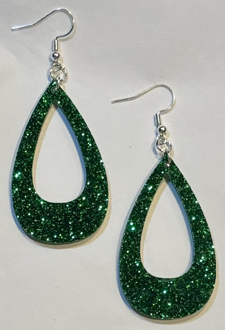 Offset Teardrop Acrylic Earrings, Ivy Green Glitter