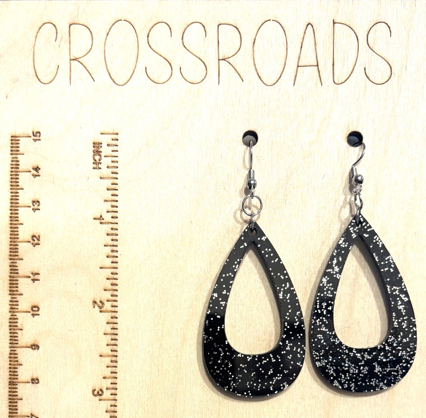 Offset Teardrop Acrylic Earrings, Black Glitter