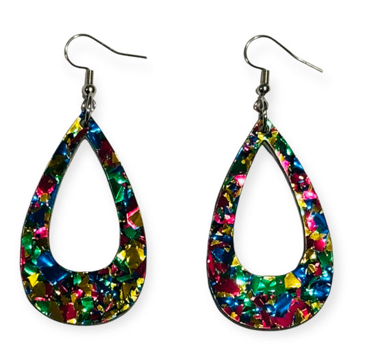 Offset Teardrop Acrylic Earrings, Peacock Confetti