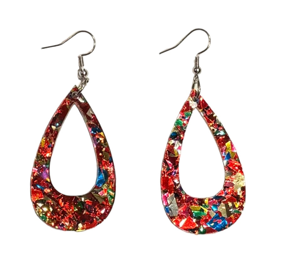 Offset Teardrop Acrylic Earrings, Red Confetti