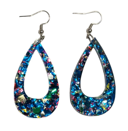 Offset Teardrop Acrylic Earrings, Blue Confetti