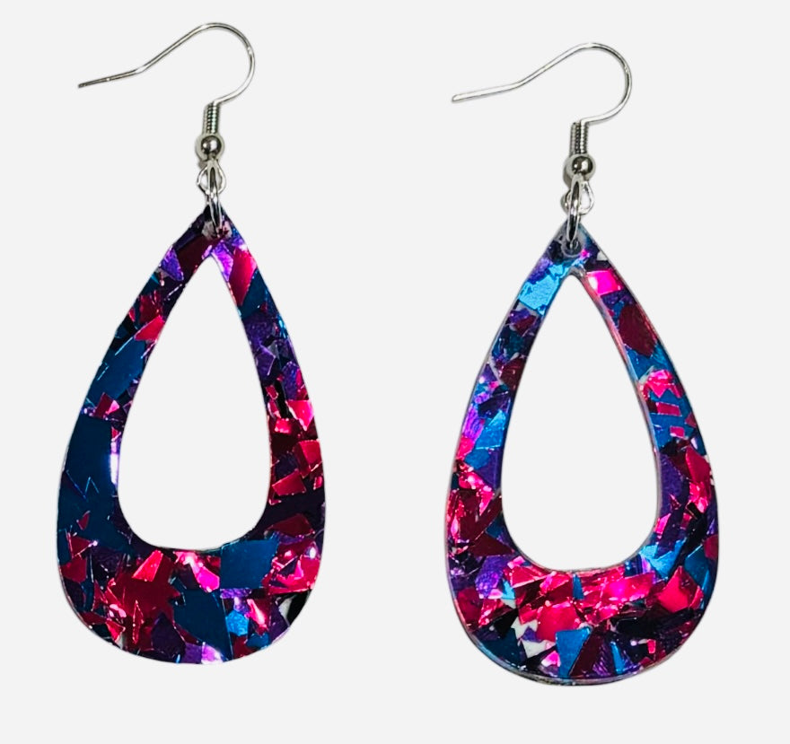 Offset Teardrop Acrylic Earrings, Purple Confetti