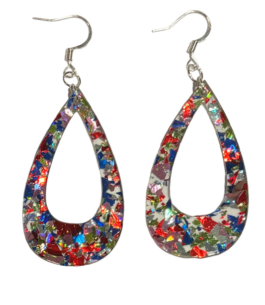 Offset Teardrop Acrylic Earrings, 4th of July Confetti