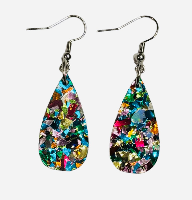 Mini Teardrop Earrings, Acrylic Silver Confetti