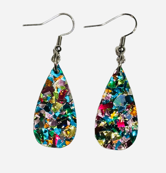 Mini Teardrop Earrings, Acrylic Silver Confetti