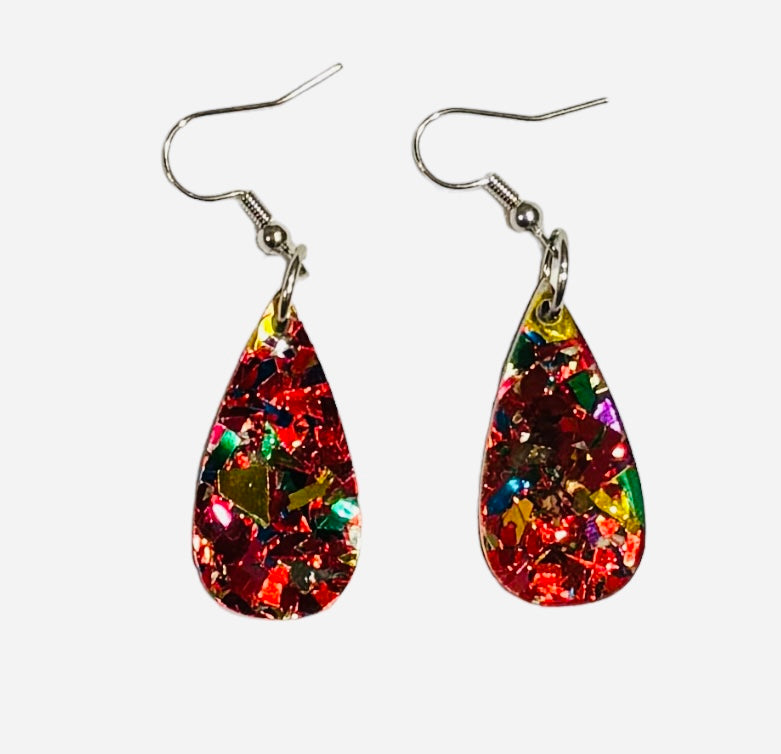 Mini Teardrop Earrings, Acrylic Red Confetti