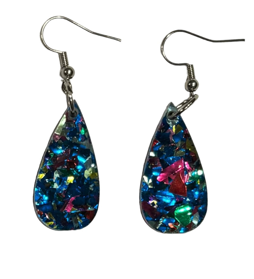 Mini Teardrop Earrings, Acrylic Blue Confetti