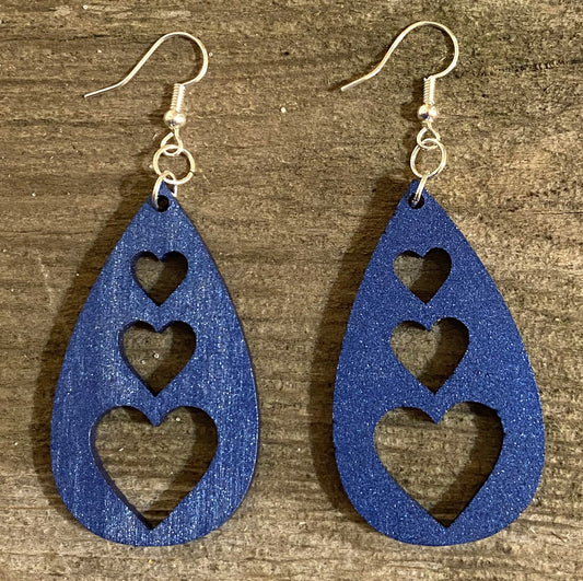 Triple Heart Teardrop Wood Earrings, Blue Metallic