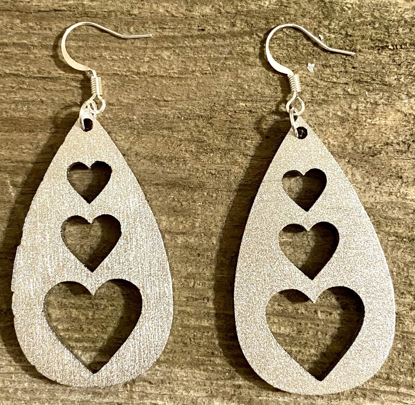 Triple Heart Teardrop Wood Earrings, Metallic Silver