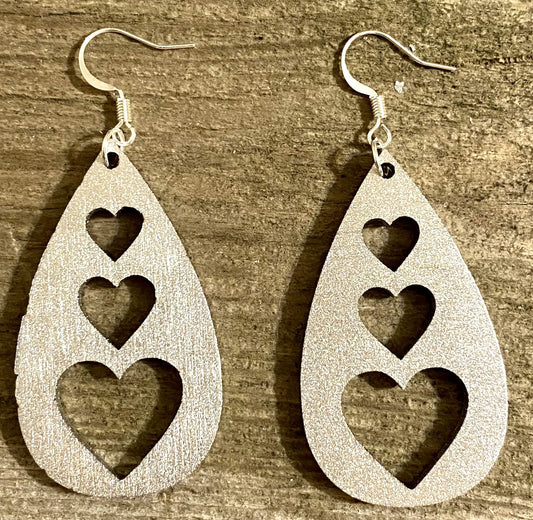 Triple Heart Teardrop Wood Earrings, Metallic Silver