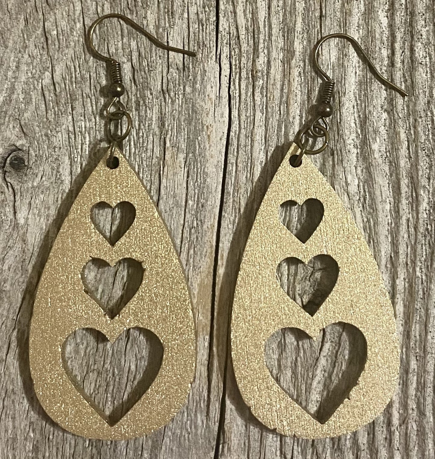 Triple Heart Teardrop Wood Earrings, Old Gold