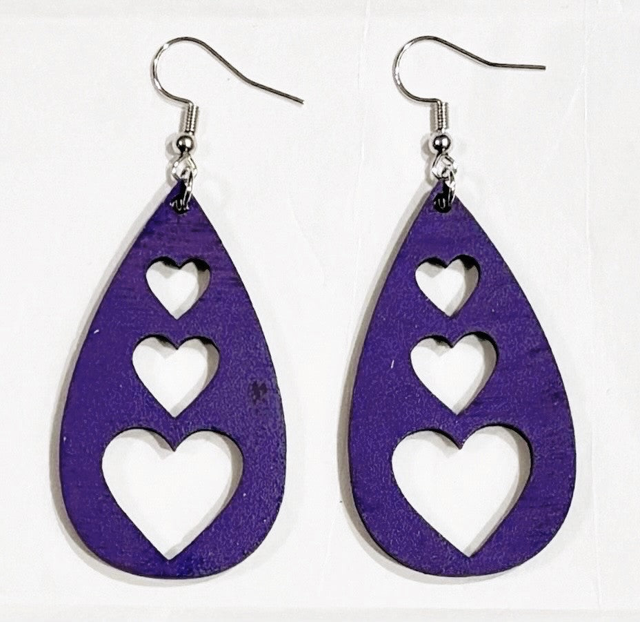 Triple Heart Teardrop Wood Earrings, Grape