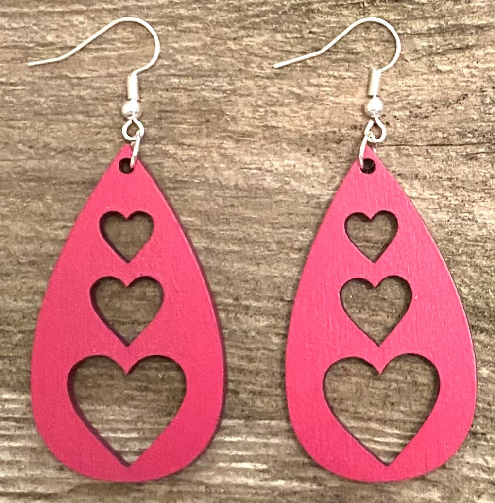 Triple Heart Teardrop Wood Earrings, Magenta