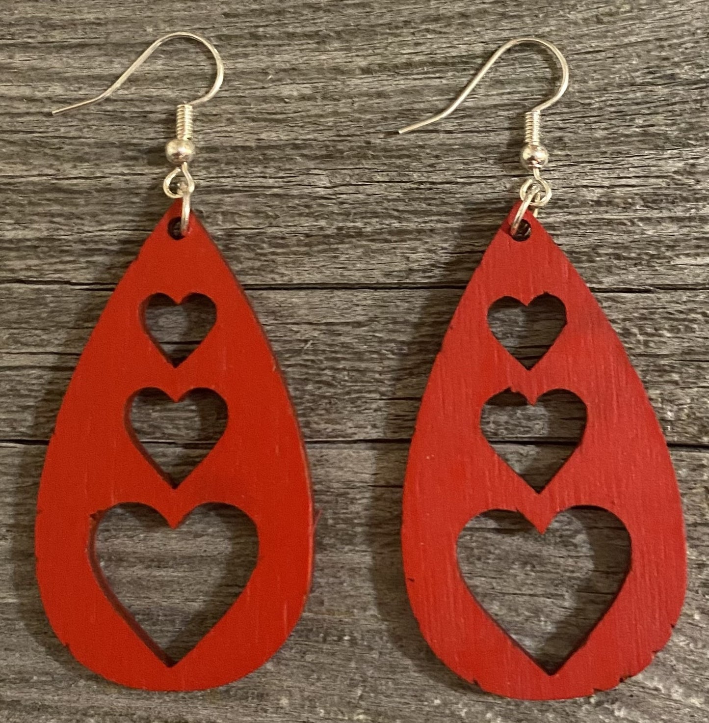 Triple Heart Teardrop Wood Earrings, Apple Red