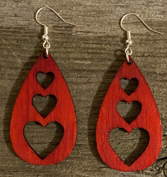 Triple Heart Teardrop Wood Earrings, Red Dye