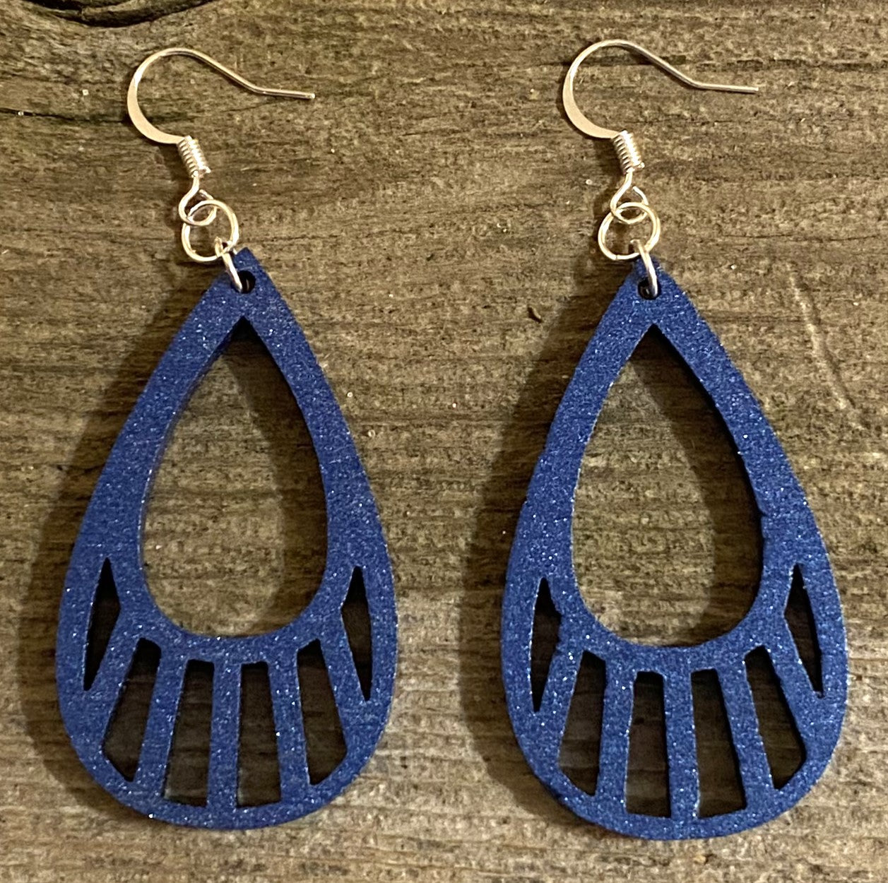 Teardrop Wood Earrings, Metallic Blue