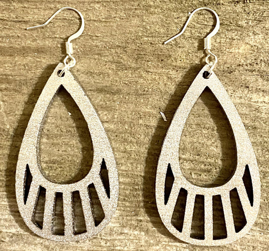 Teardrop Wood Earrings, Metallic Silver