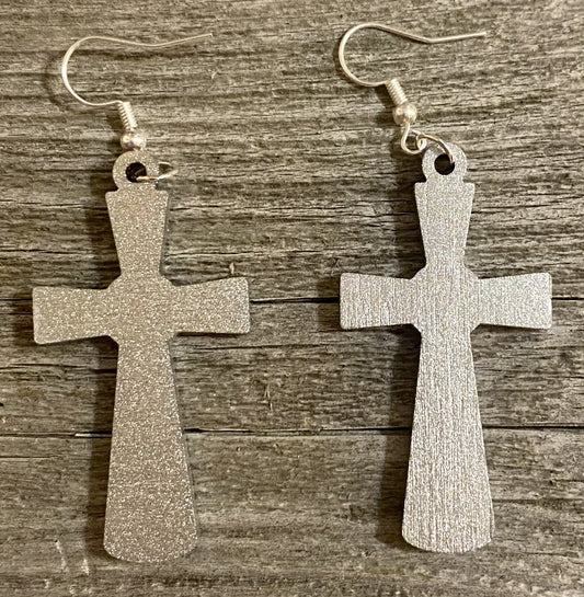 Cross Wood Earrings, Metallic Silver