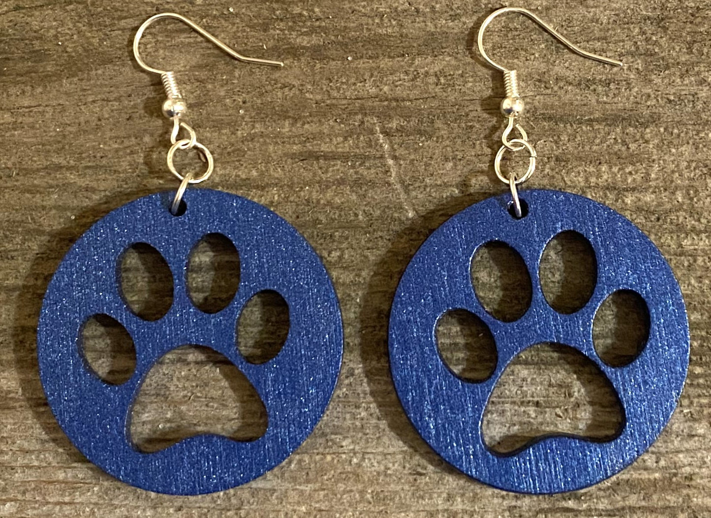 Paw Print Circle Wood Earrings, Metallic Blue