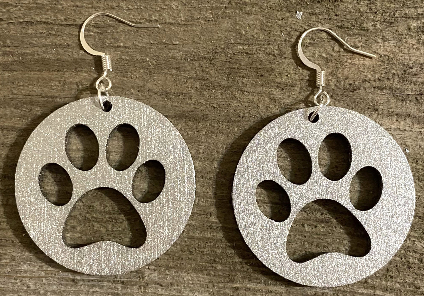 Paw Print Circle Wood Earrings, Metallic Silver