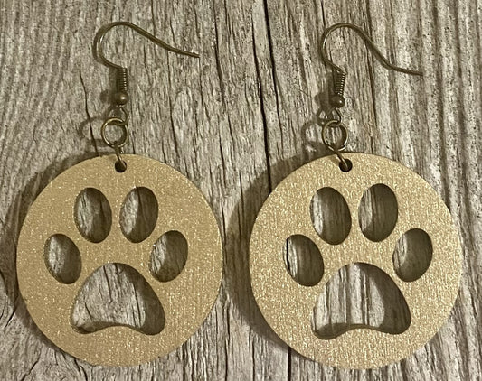 Paw Print Circle Wood Earrings, Old Gold