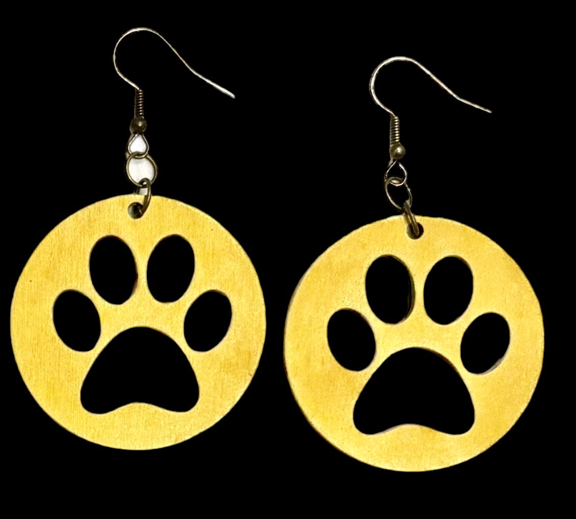 Paw Print Circle Wood Earrings, Sun Yellow